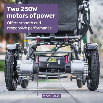 Equipmed PowerCruise electric wheelchair in black and silver with remote control and lithium battery
