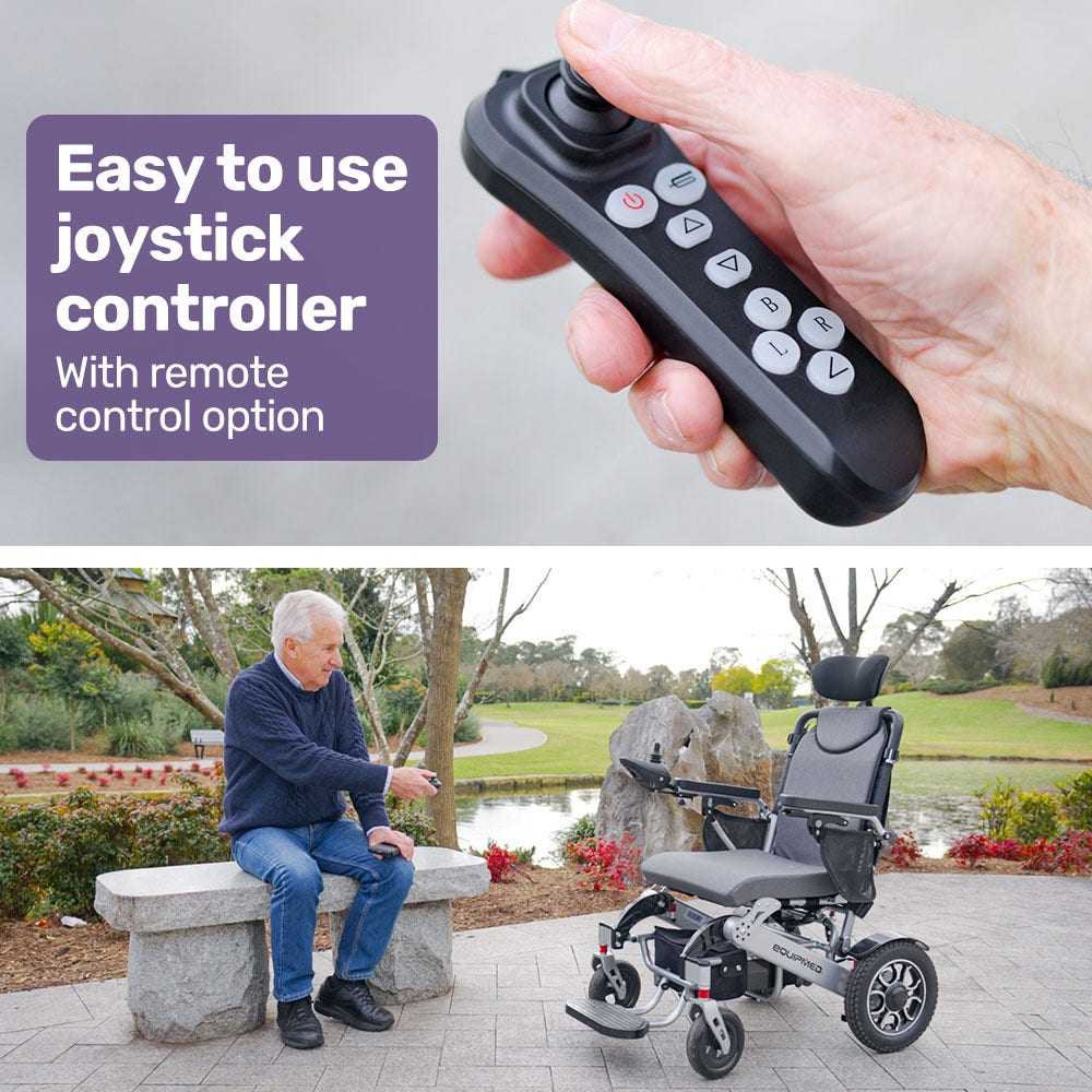 Equipmed Power Electric Wheelchair with long range, alloy frame, remote control, and lithium battery in black and silver