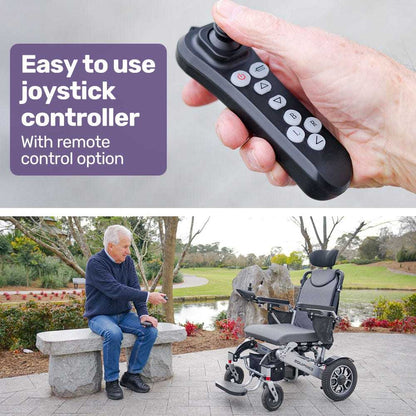 Equipmed Power Electric Wheelchair with long range, alloy frame, remote control, and lithium battery in black and silver