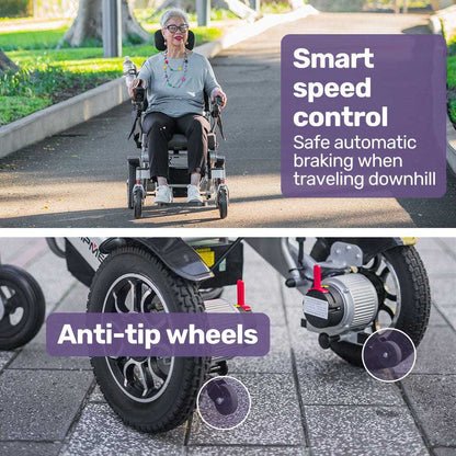 Equipmed Power Electric Wheelchair in black and silver with remote control and lithium battery