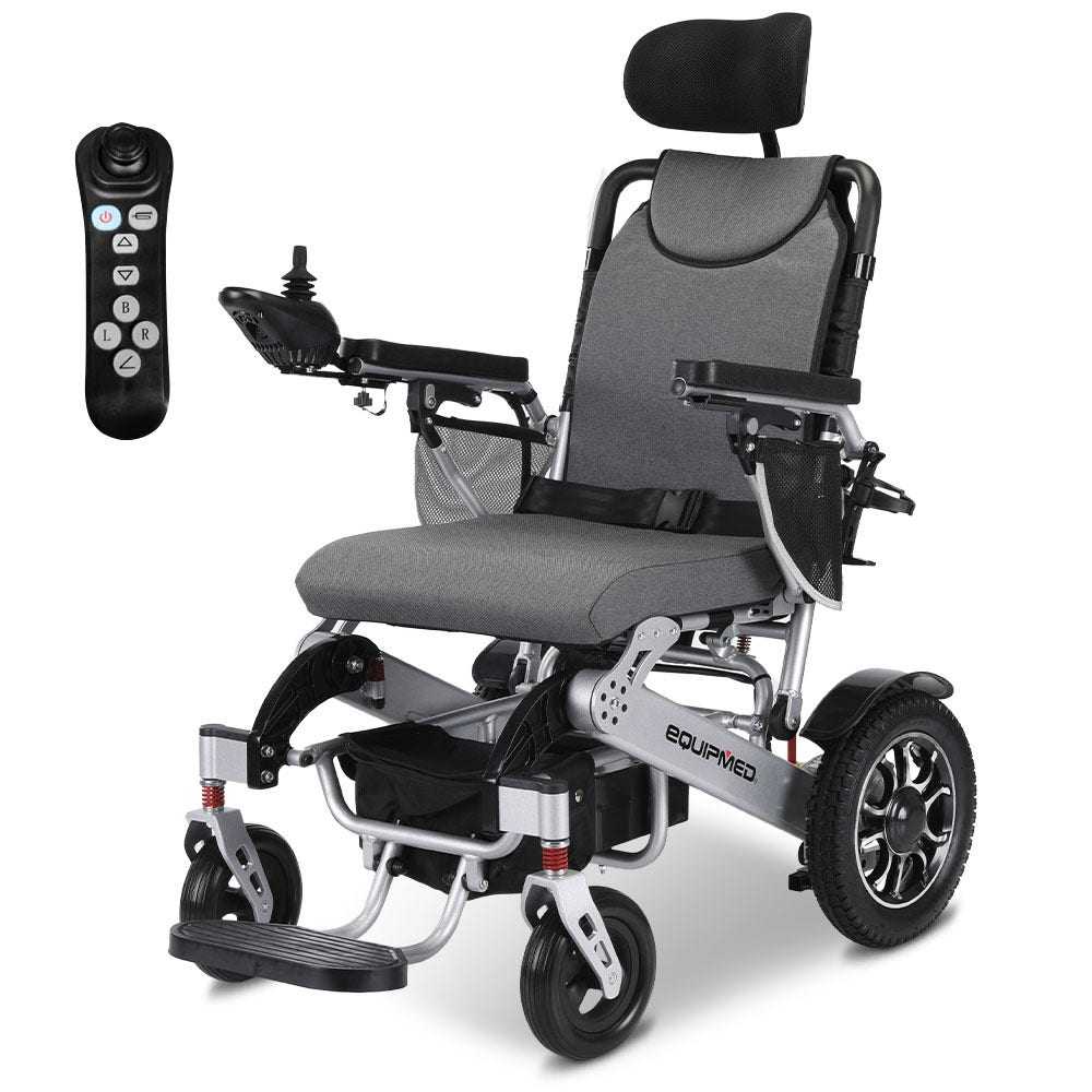 Equipmed Power Electric Wheelchair black silver foldable lightweight long range with remote control and lithium battery