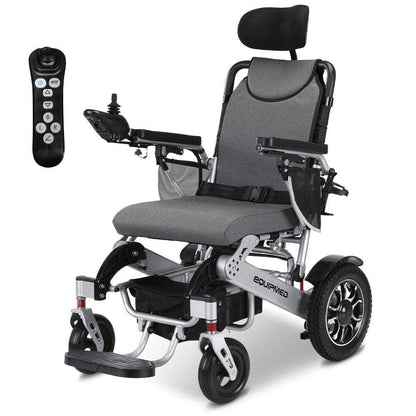 Equipmed Power Electric Wheelchair black silver foldable lightweight long range with remote control and lithium battery