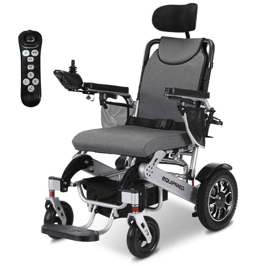 Equipmed Power Electric Wheelchair black silver foldable lightweight long range with remote control and lithium battery