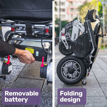Equipmed Power Electric Wheelchair in black and silver with aluminium frame, remote control, lithium battery, and foldable design.