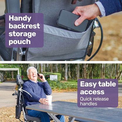 Equipmed Power Electric Wheelchair in black and silver with alloy frame, remote control, and lithium battery designed for long-range mobility and airline approval