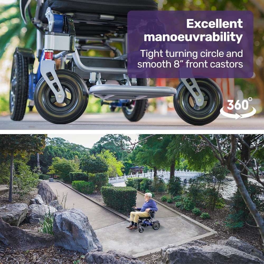 Equipmed PowerCruise LongRange blue electric wheelchair with folding aluminium frame and lithium battery