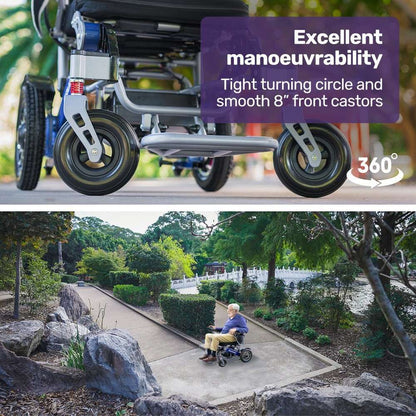 Equipmed PowerCruise LongRange blue electric wheelchair with folding aluminium frame and lithium battery