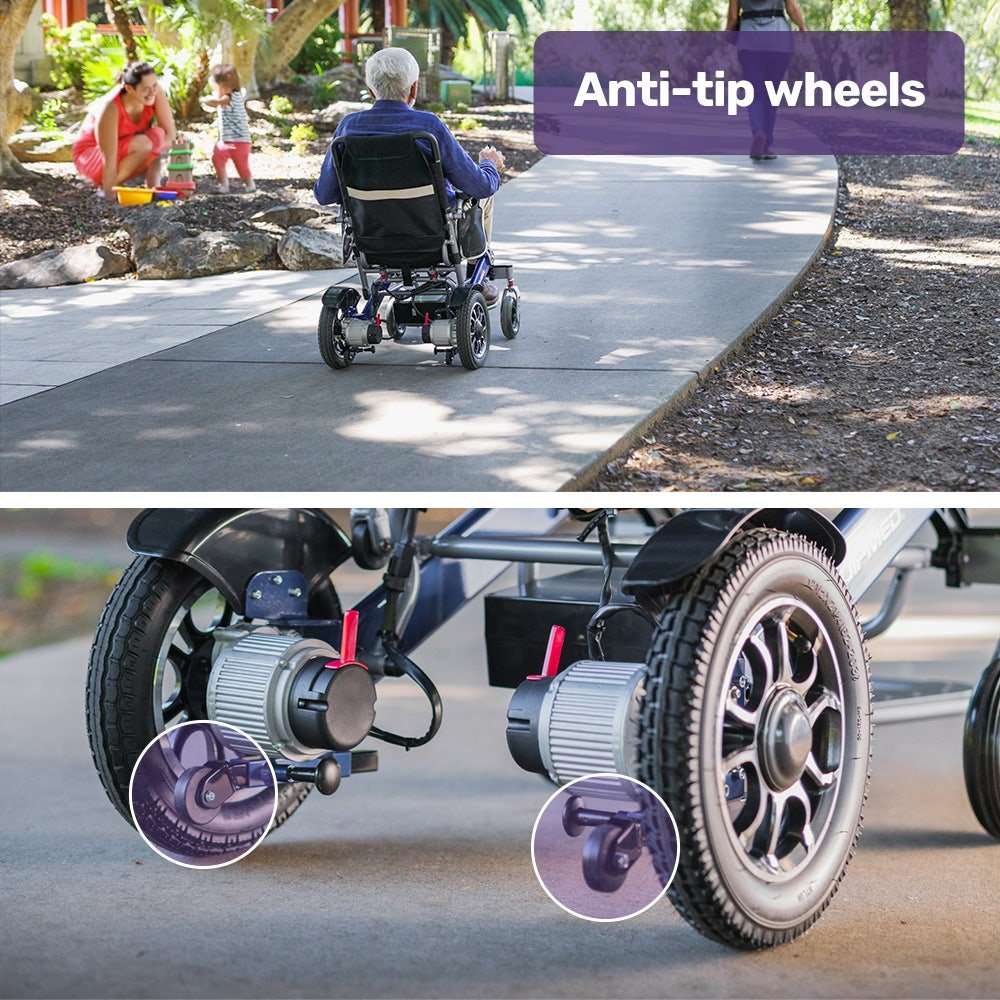 Equipmed Power Electric Wheelchair blue folding aluminium frame lithium battery long range up to 20km