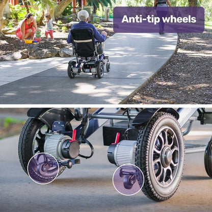 Equipmed Power Electric Wheelchair blue folding aluminium frame lithium battery long range up to 20km