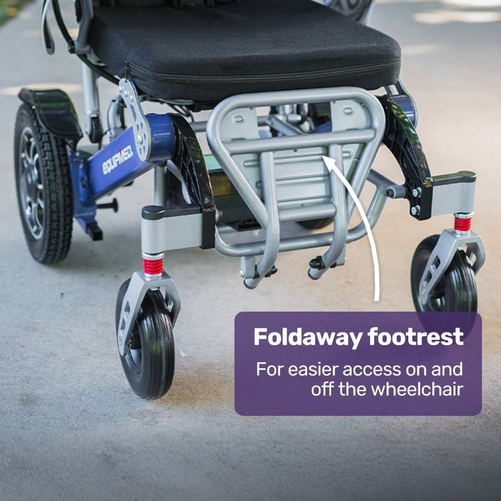 Blue Equipmed Power Electric Wheelchair with folding aluminium frame and lithium battery for long range mobility