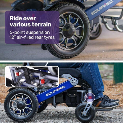 Equipmed Power Electric Wheelchair blue folding aluminium frame with lithium battery and joystick control