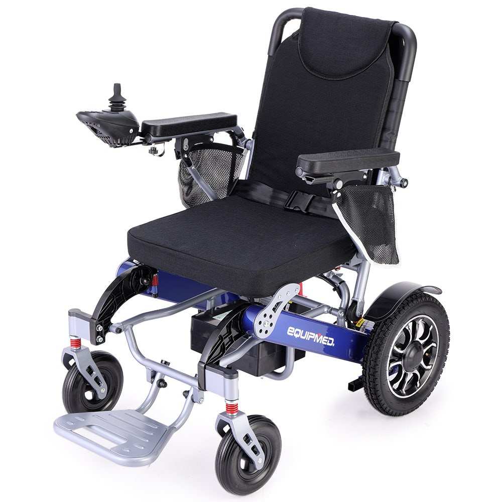 Equipmed Power Electric Wheelchair in blue with folding aluminium frame and lithium battery designed for long-range mobility and comfort