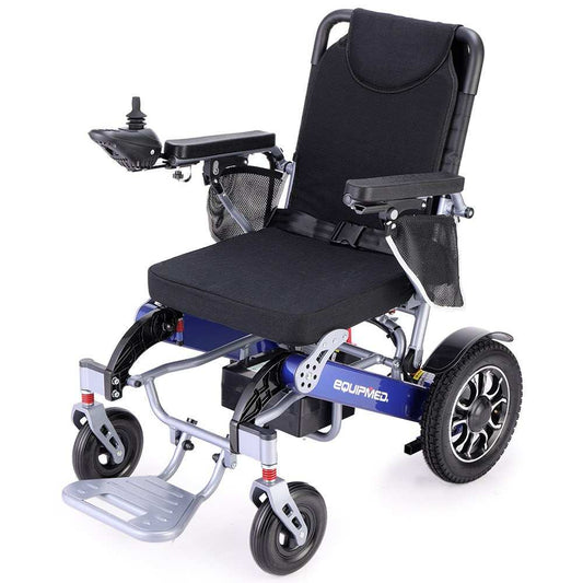 Equipmed Power Electric Wheelchair in blue with folding aluminium frame and lithium battery designed for long-range mobility and comfort