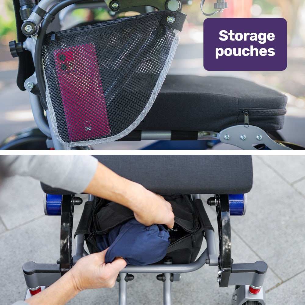 Equipmed Power Electric Wheelchair with long range, folding aluminium frame, lithium battery, and remote-controlled recline in blue