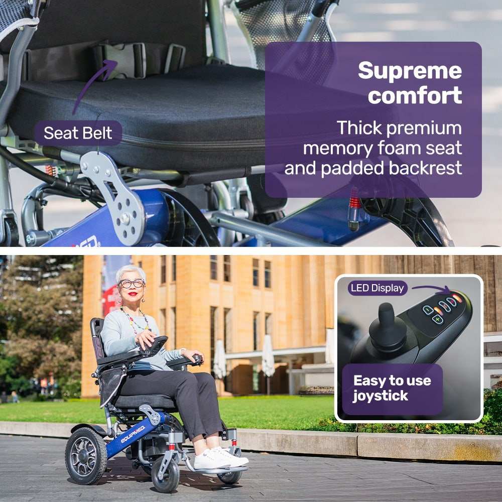 Equipmed Power Electric Wheelchair in blue with folding aluminium frame and lithium battery