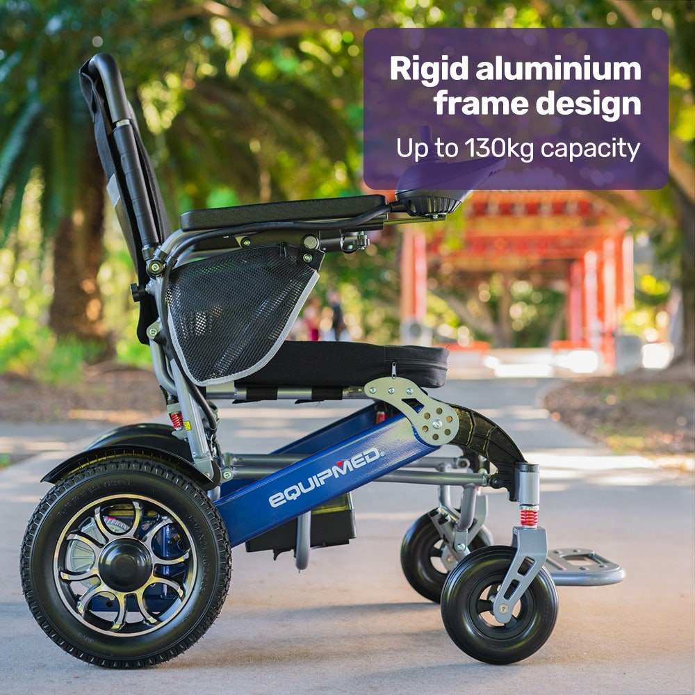 Equipmed PowerCruise LongRange blue electric wheelchair with folding aluminum frame and lithium battery
