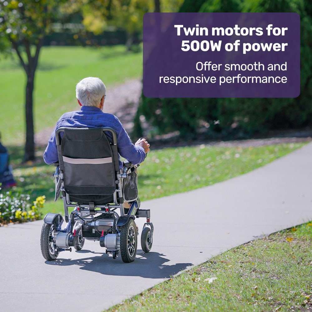 Equipmed Power Electric Wheelchair folding blue with long range lithium battery and aluminium frame