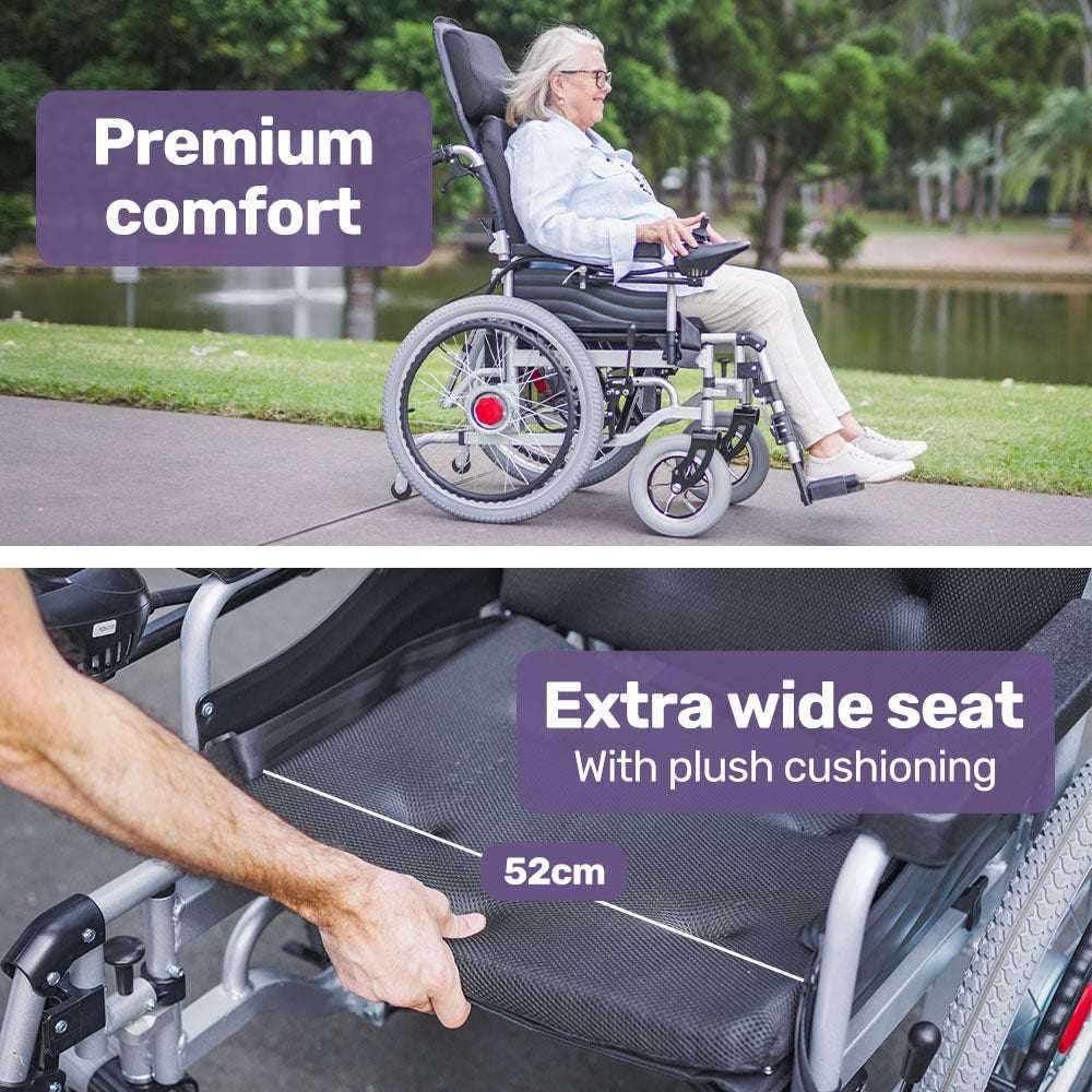 Equipmed Power Electric Wheelchair XL wide bariatric seat with lithium battery and recline adjustment in black