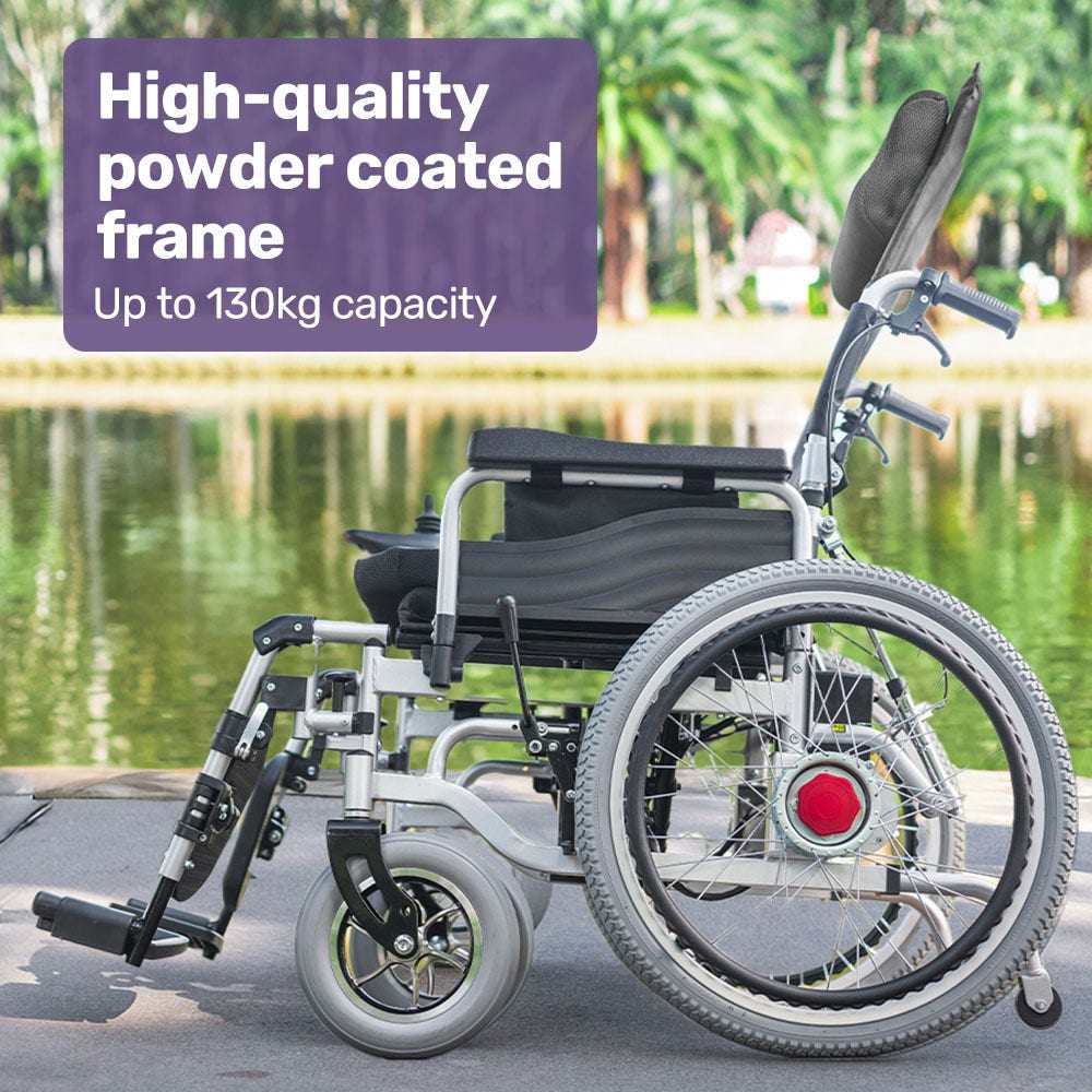 Equipmed Power Electric Wheelchair with XL wide seat, recline, lithium battery, 22" wheels, and headrest in black