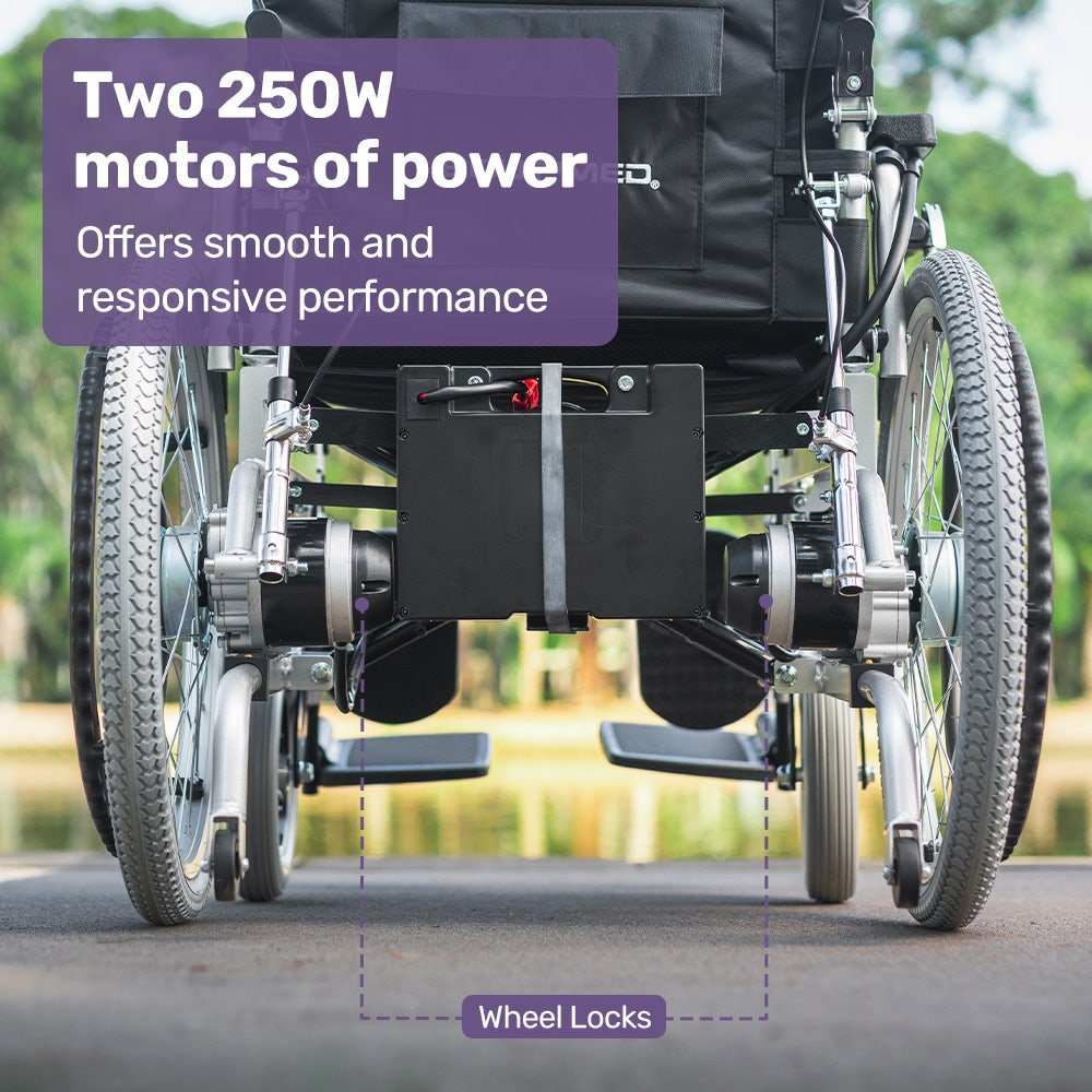 Equipmed Power Electric Wheelchair XL wide seat with lithium battery and recline adjustment in black
