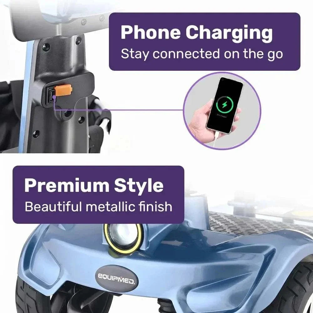 Equipmed SmartPacer+ blue ultra-lightweight folding mobility scooter with lithium battery and front basket