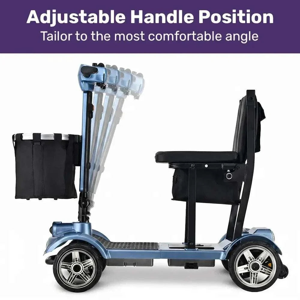Blue SmartPacer+ folding mobility scooter with lithium battery, ultra-lightweight and foldable design