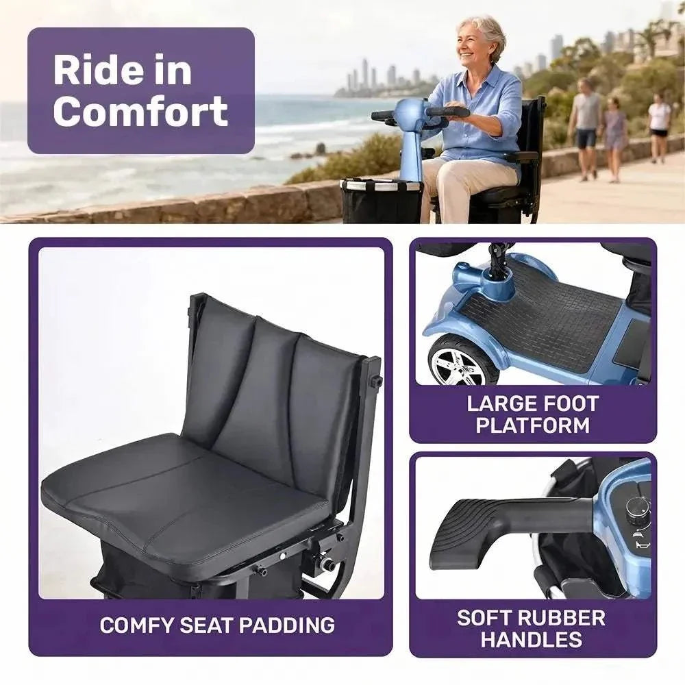 Equipmed SmartPacer+ ultra-lightweight blue folding mobility scooter with lithium-ion battery and front basket