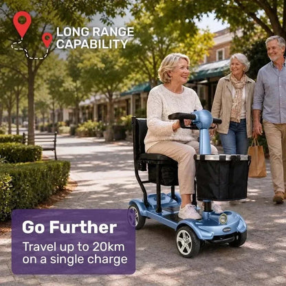 Blue Equipmed SmartPacer+ folding mobility scooter with lithium battery and foldable ultra-lightweight design