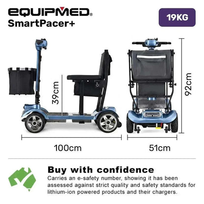 Blue Equipmed SmartPacer+ folding mobility scooter with lithium battery, foldable and ultra-lightweight design