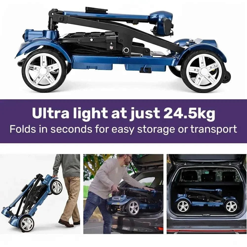 Blue SmartPacer+ folding mobility scooter with lithium battery and foldable design
