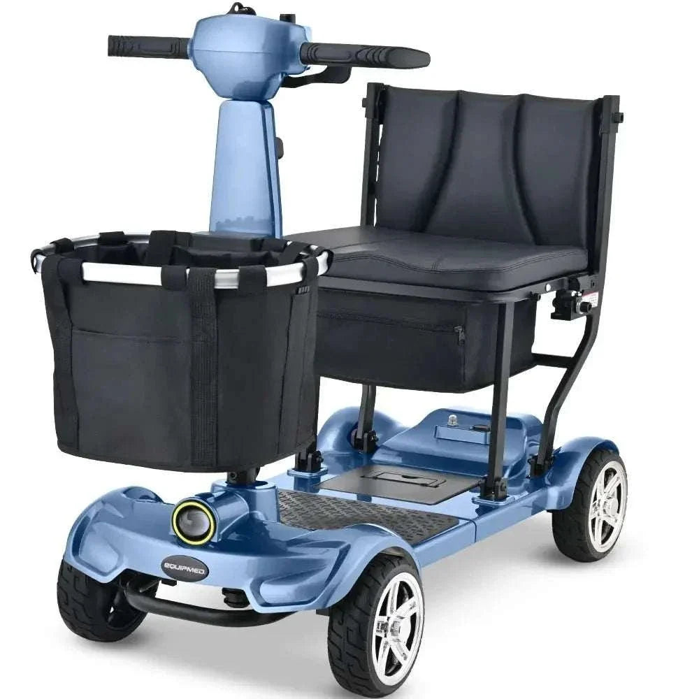 Equipmed SmartPacer+ ultra-lightweight blue folding mobility scooter with removable lithium battery and front basket