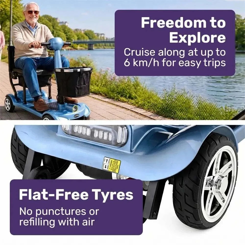 Blue Equipmed SmartPacer+ folding mobility scooter with lithium-ion battery and foldable design