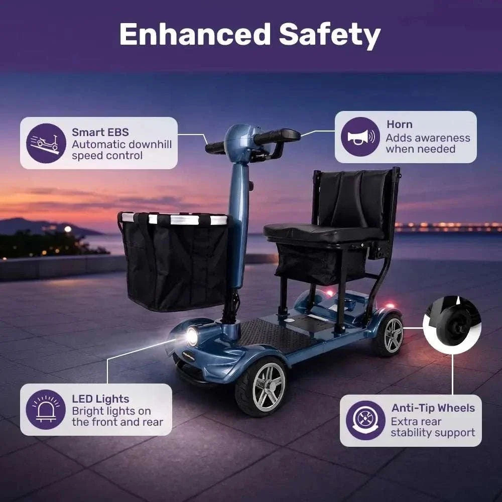 Blue SmartPacer+ folding mobility scooter with lithium battery and compact design
