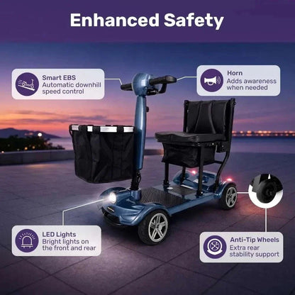 Blue SmartPacer+ folding mobility scooter with lithium battery and compact design
