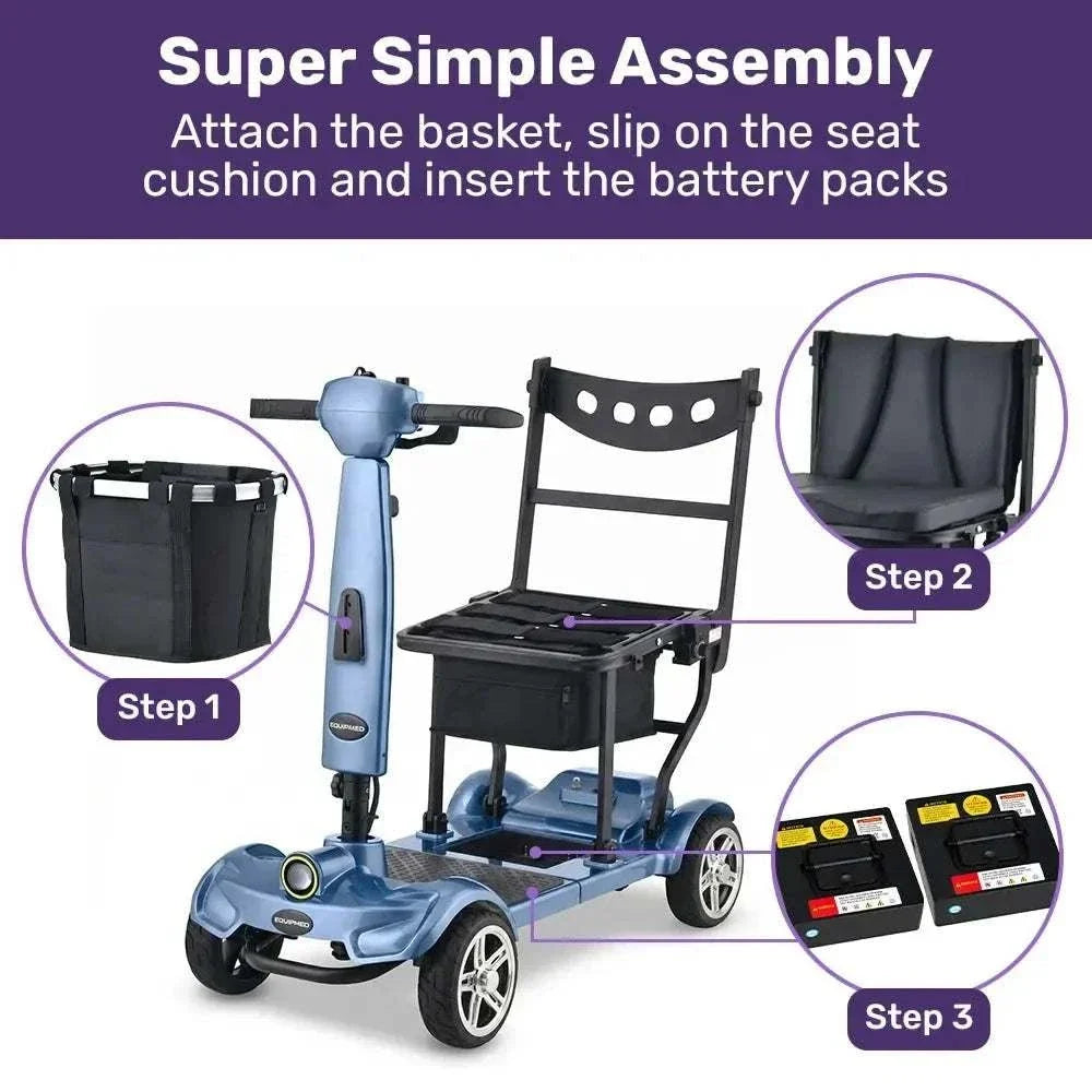 Equipmed SmartPacer+ ultra-lightweight blue folding mobility scooter with lithium battery and front basket