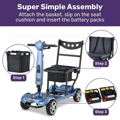 Equipmed SmartPacer+ ultra-lightweight blue folding mobility scooter with lithium battery and front basket