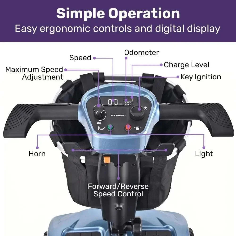 Blue SmartPacer+ folding mobility scooter by Equipmed, ultra-lightweight and foldable with lithium battery