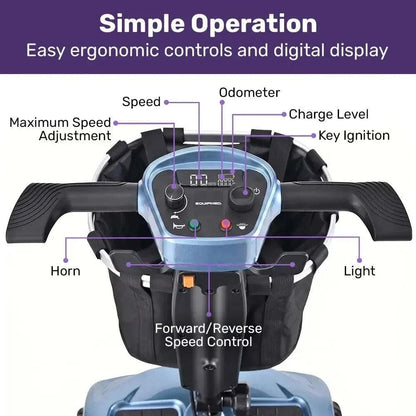 Blue SmartPacer+ folding mobility scooter by Equipmed, ultra-lightweight and foldable with lithium battery
