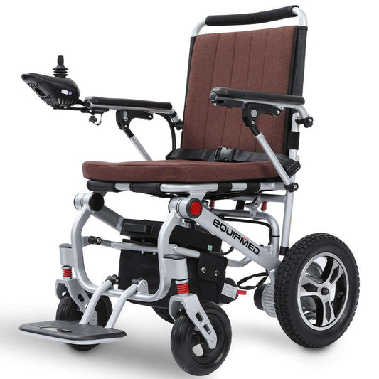 Equipmed Ultra-Light Power Wheelchair in brown with aluminium frame and lithium battery, compact and airline approved.
