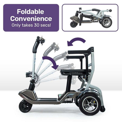 Equipmed ultra-lightweight folding electric mobility scooter in blue with removable battery and compact design