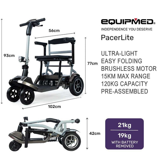 Equipmed ultra-lightweight folding electric mobility scooter folded for portability
