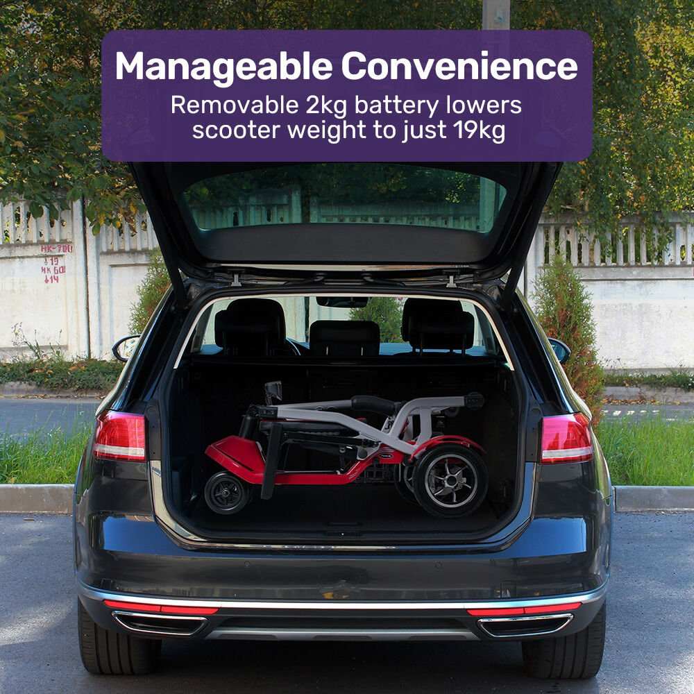 Red ultra-lightweight folding electric mobility scooter by Equipmed with removable battery and brushless motor