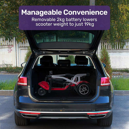Red ultra-lightweight folding electric mobility scooter by Equipmed with removable battery and brushless motor