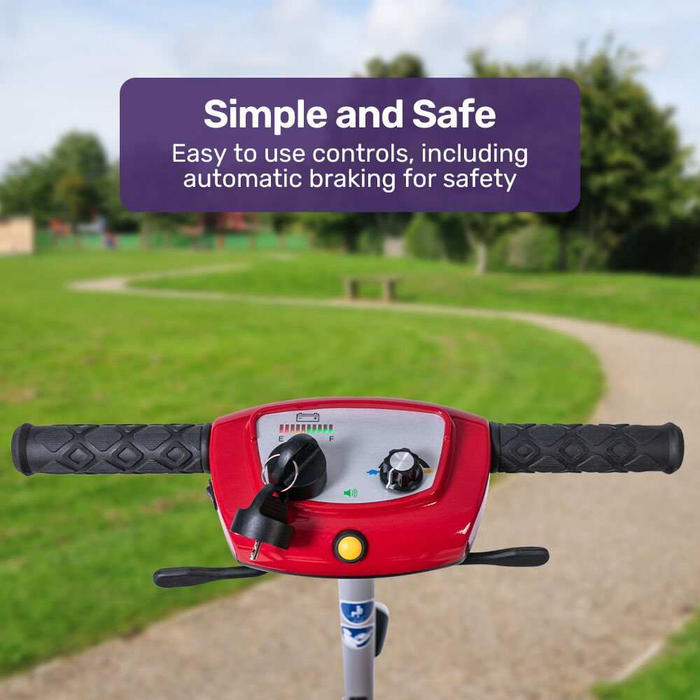 Equipmed ultra-lightweight folding electric mobility scooter in red, compact and portable design