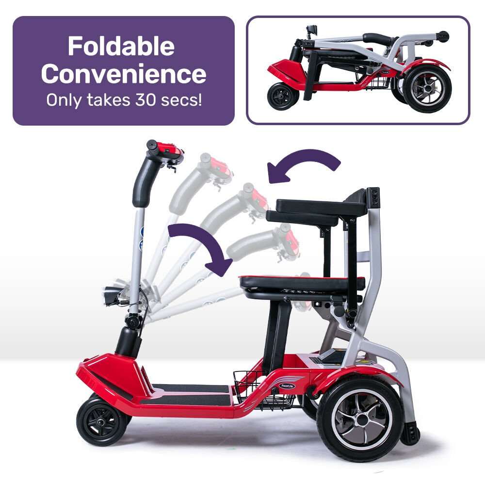 Red ultra-lightweight folding electric mobility scooter with removable battery and brushless motor