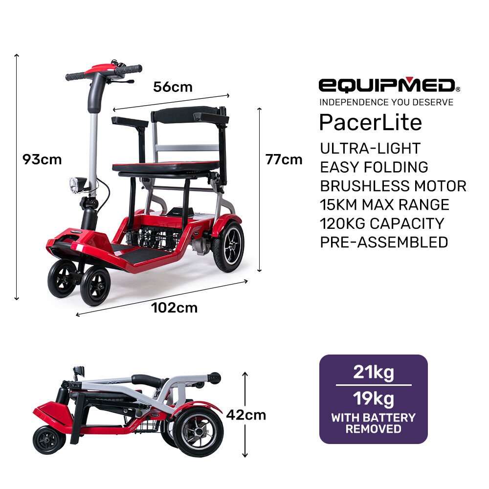 Red ultra-lightweight folding electric mobility scooter by Equipmed with removable battery and brushless motor