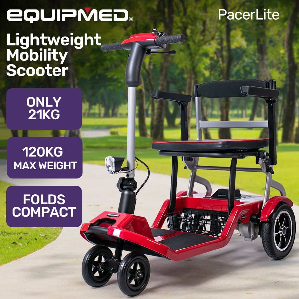 Red ultra-lightweight folding electric mobility scooter by Equipmed with removable battery and brushless motor