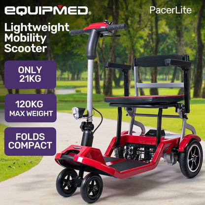 Red ultra-lightweight folding electric mobility scooter by Equipmed with removable battery and brushless motor