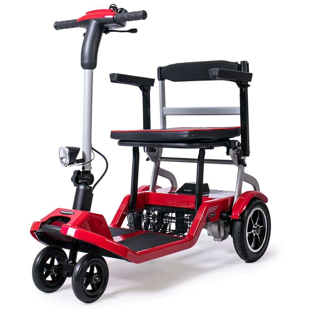 Red ultra-lightweight folding electric mobility scooter by Equipmed, portable and airline approved