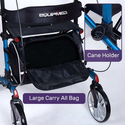 Blue EQUIPMED upright rollator walker with forearm supports, adjustable seat, and durable aluminium frame for mobility aid